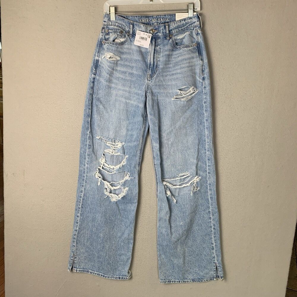 American Eagle Jean Women Sz 2 Blue Dreamy Drape Baggy Wide Leg Super High Rise